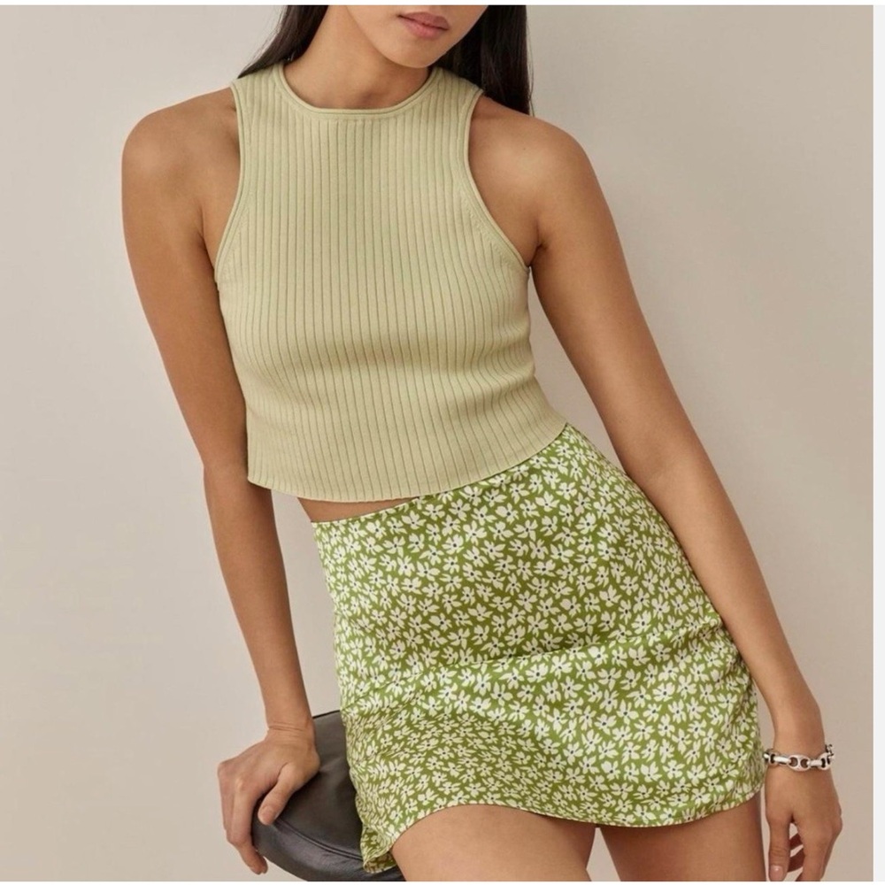 REFORMATION 90s‎ Silk Satin Daisy Ditsy Floral Print A-Line Skater Mini Skirt 2